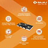 Bajaj 3BJGS7 Stainless Steel Glass Top Gas Stove with 3 Brass Burners, ISI Certified, Black, Regular