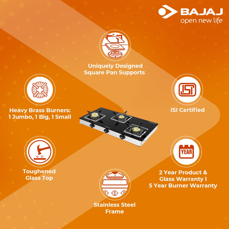 Bajaj 3BJGS7 Stainless Steel Glass Top Gas Stove with 3 Brass Burners, ISI Certified, Black, Regular