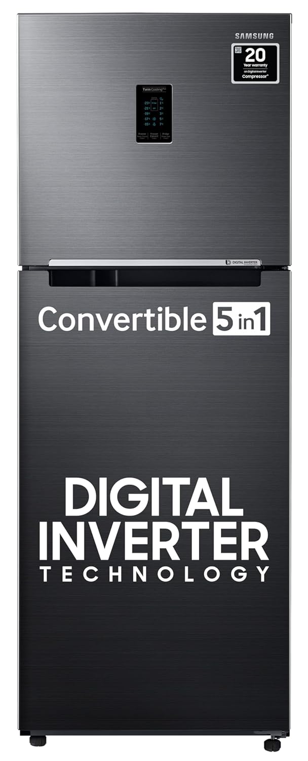 Samsung 301 L, 3 Star, Convertible 5-in-1 Digital Inverter with Display Frost Free Double Door Refrigerator (RT34C4523B1/HL, Black Matt, 2024 Model)