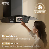 Beyond Appliances Asteria 90cm BLDC Auto Clean Kitchen Chimney | 1800 CMH Suction | Filterless | Curved Glass | Smart Screen & Speakers | Touch Control | Black(BA-CR-AS-AD-BL-90-CH)