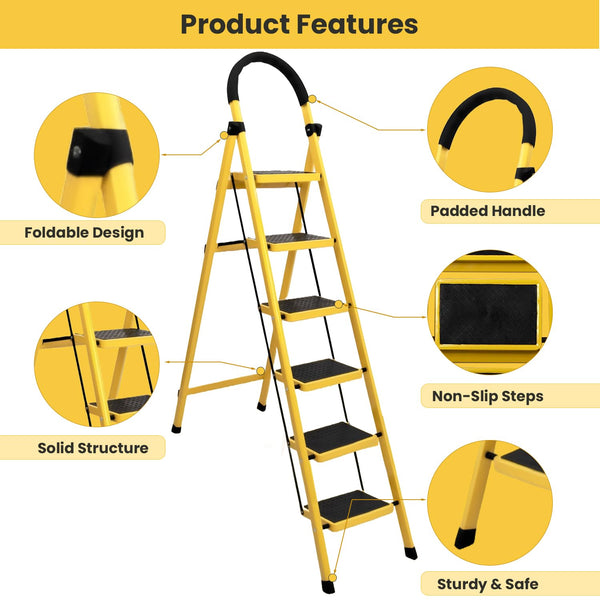 Asian Paints TruCare 6-Steps Trendy Steel Ladder, Foldable Ladder for Home & Office use, Durable, Wide, Anti-Skid, Lightweight & Easy to Carry, with 5