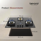Beyond Appliances Dorado 3 Burner Smart Glass Hobtop Gas Stove | Auto Ignition | Digital Timer | Flame Failure Device | Toughened Glass | LPG & PNG Compatible
