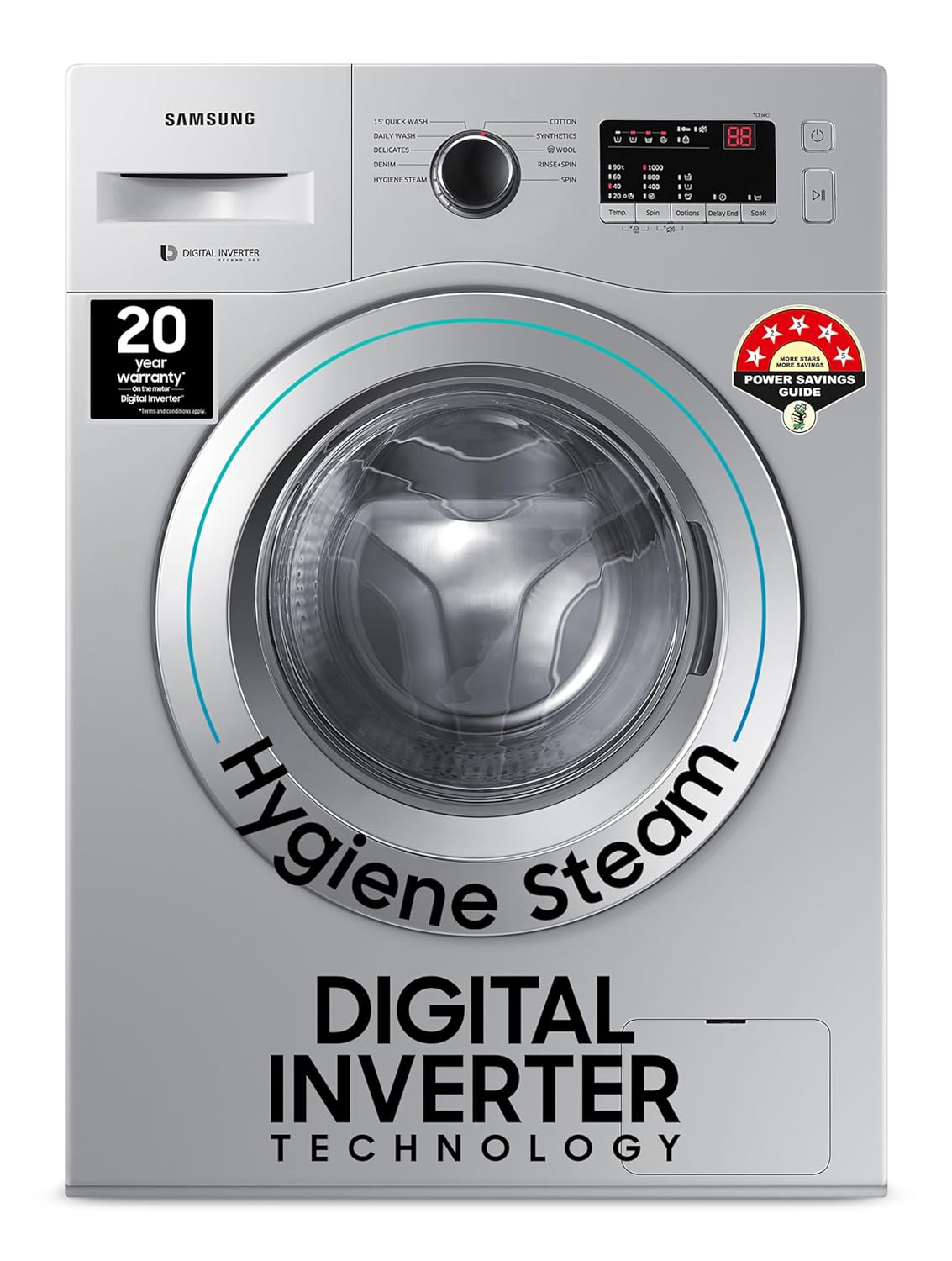 Samsung 7 KG, 5 star, Hygiene Steam with Inbuilt Heater, LED Display, Diamond Drum, Fully-Automatic Front Load Washing Machine with 20 years warranty on Digital Inverter(WW70R20GLSS/TL, DA SILVER)