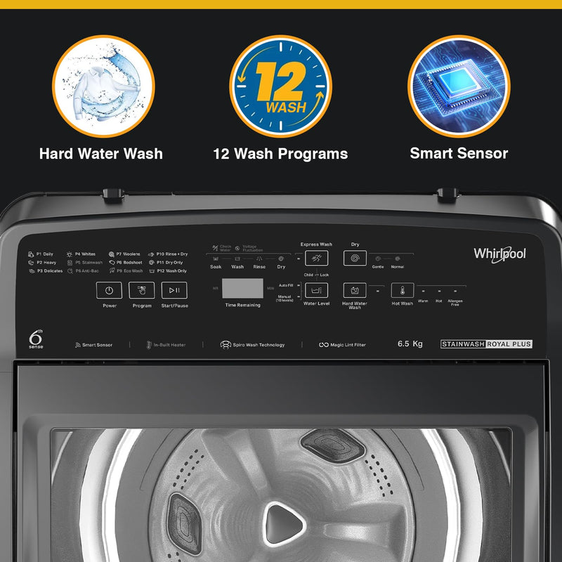 Whirlpool 6.5 Kg 5 Star StainWash Royal Plus Fully Automatic Top Load Washing Machine (SW ROYAL PLUS 6.5 (H) GREY 10YMW with In-Built Heater)-(Scratches)