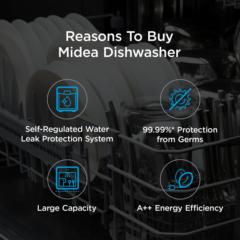 MIDEA 13 Place Setting Freestanding Dishwasher (MDWPF1301F(B)IN, Black,7 wash program, Child Lock, Extra Dry & Intensive 70 degree wash, A++ Energy Efficient,Delay Timer, Half Load, Adjustable Basket)