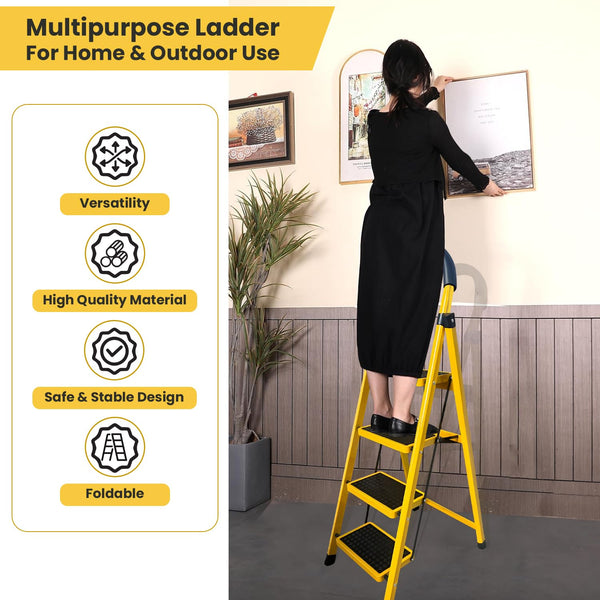 Asian Paints TruCare 4-Steps Trendy Steel Ladder, Foldable Ladder for Home & Office use, Durable, Wide, Anti-Skid, Lightweight & Easy to Carry, with 5