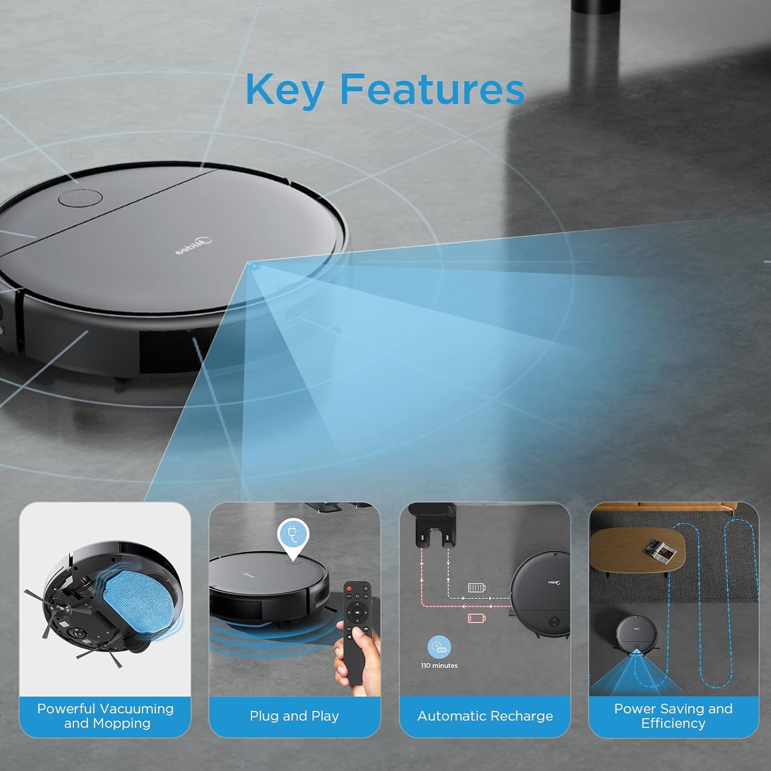 Midea I2A Robotic Vacuum Cleaner with Remote |Wet & Dry |BLDC Motor | 1200Pa Strong Suction | Anti Fall Function | Anti-Collision & Auto Return Charge Function, 110 Minutes, Black