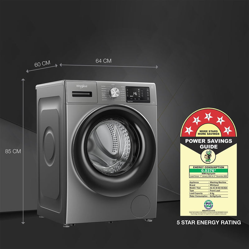 Whirlpool 8 Kg 5 Star Inverter Front Load Fully Automatic Washing Machine with In-Built Heater (XS8014BYM52E, MidNight Grey, Steam Technology, 100+ Tough Stains, 6th Sense Soft Move, 2024 Model)