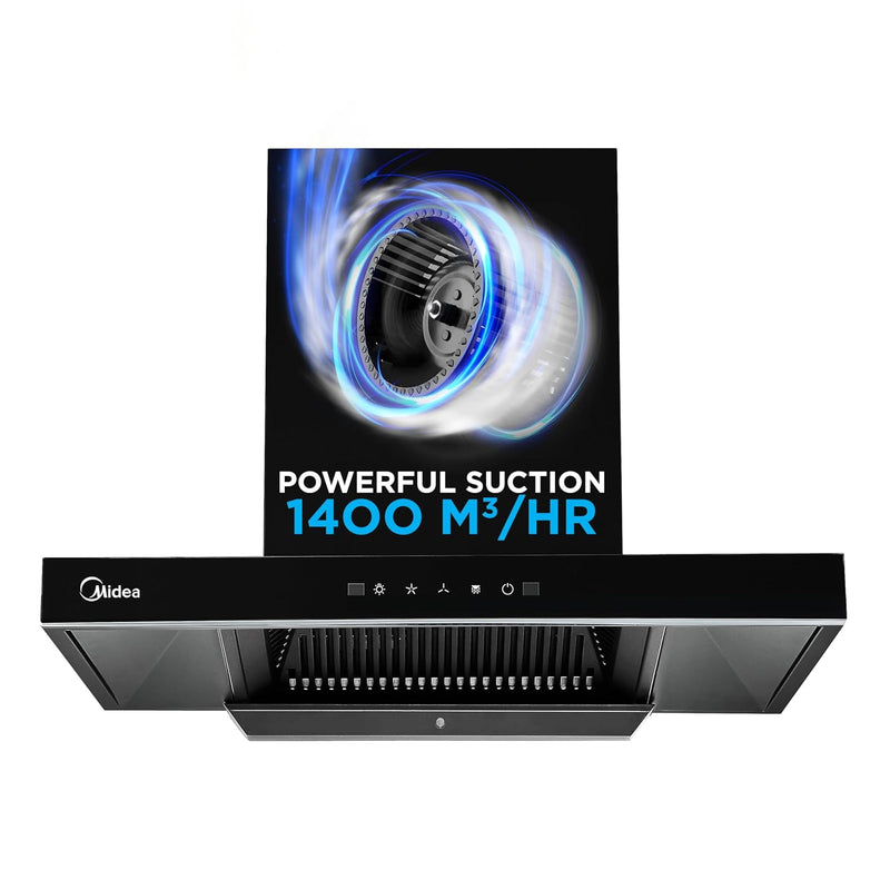 Midea Falcon 75Cm Chimney, Powerful suction 1400CMH, Filterless, Auto cleaning, 3 Speed control, Swift touch control panel, Hand gesture control, Low operational noise, Aluminium d