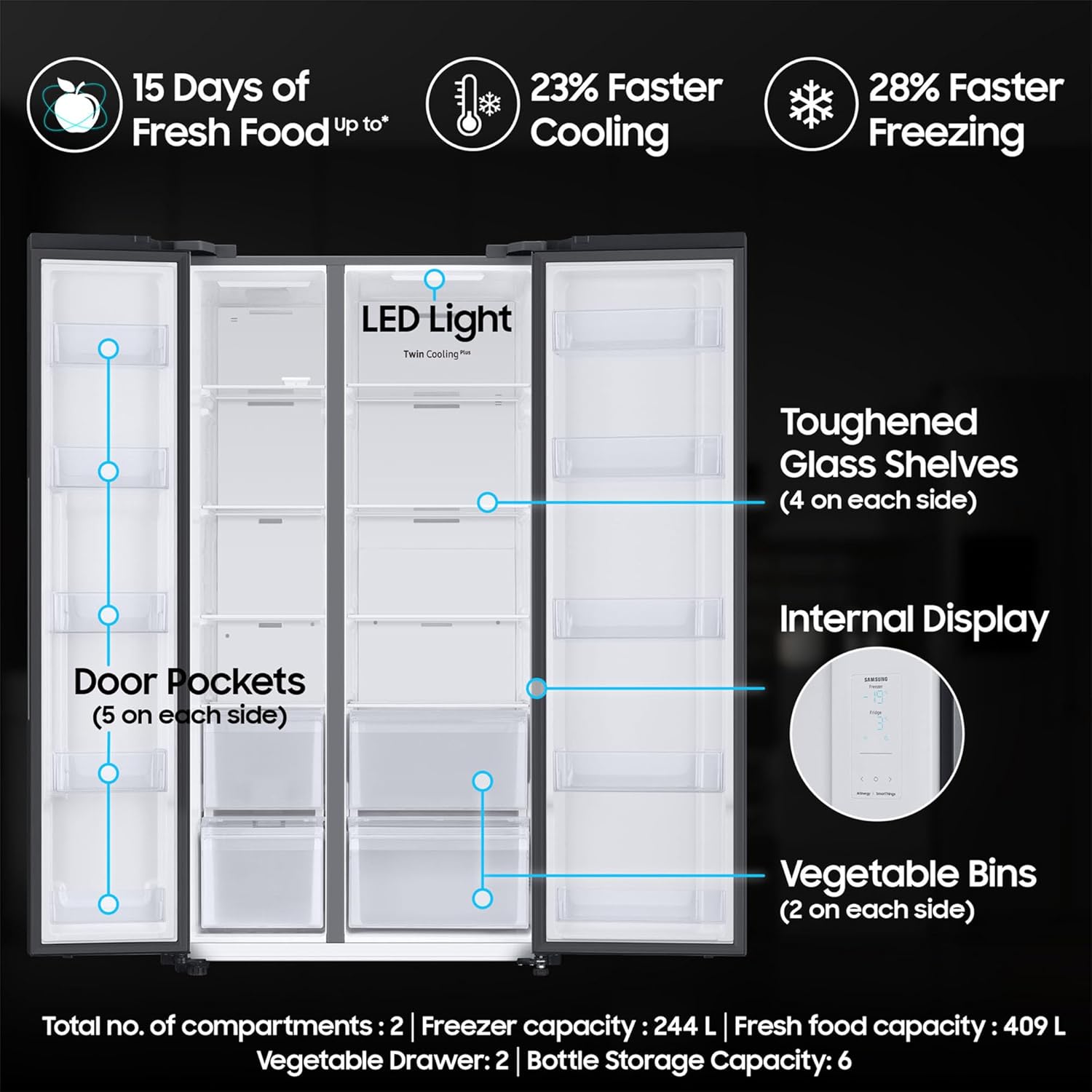 Samsung 653 L, 3 Star, Frost Free, Double Door, Convertible 5-in-1 Digital Inverter, Side By Side AI Enabled Smart Refrigerator with WiFi (RS76CG8003B1HL, Black Matt)