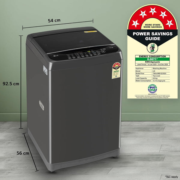 LG 9 kg 5 Star, Smart Inverter Technology, TurboDrum, Jetspray+, Turbowash, Smart Diagnosis, Soft Closing Door, tub cleaning after every wash cycle Fully Automatic Top Load Washing Machine Black, Grey (T90AJMB1Z)