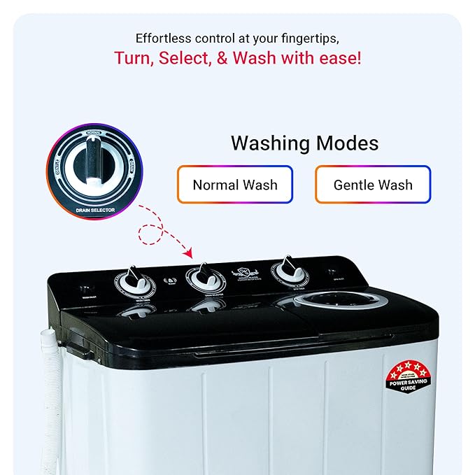 Power Guard 6.5 kg 5 Star Semi-Automatic Top Loading Washing Machine Appliance (PG65WM-Bk-OP, Black, Powerful Motor,Effective Wash Pulsator,1350 RPM & Castors)