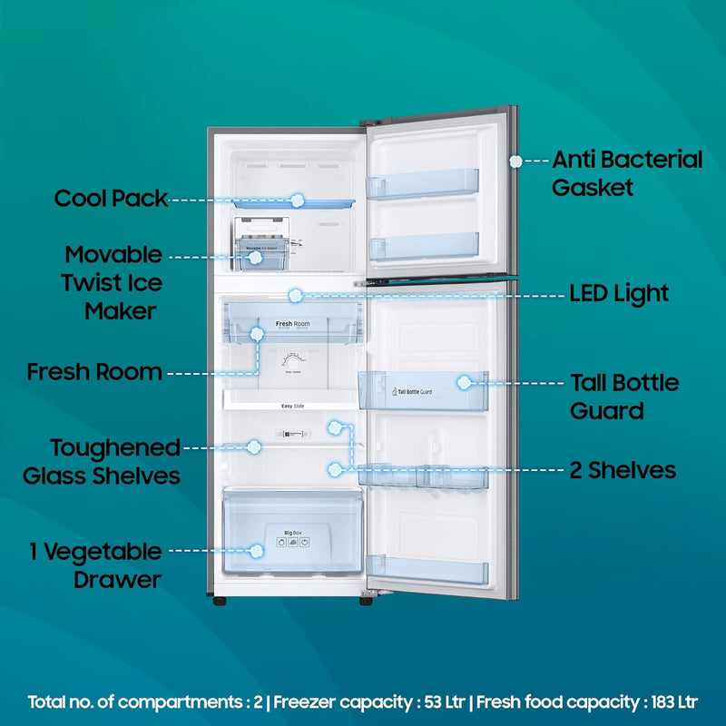 Samsung 236 L, 3 Star, Digital Inverter, Frost Free Double Door Refrigerator (RT28C3053S8/HL, Silver, Elegant Inox, 2024 Model)