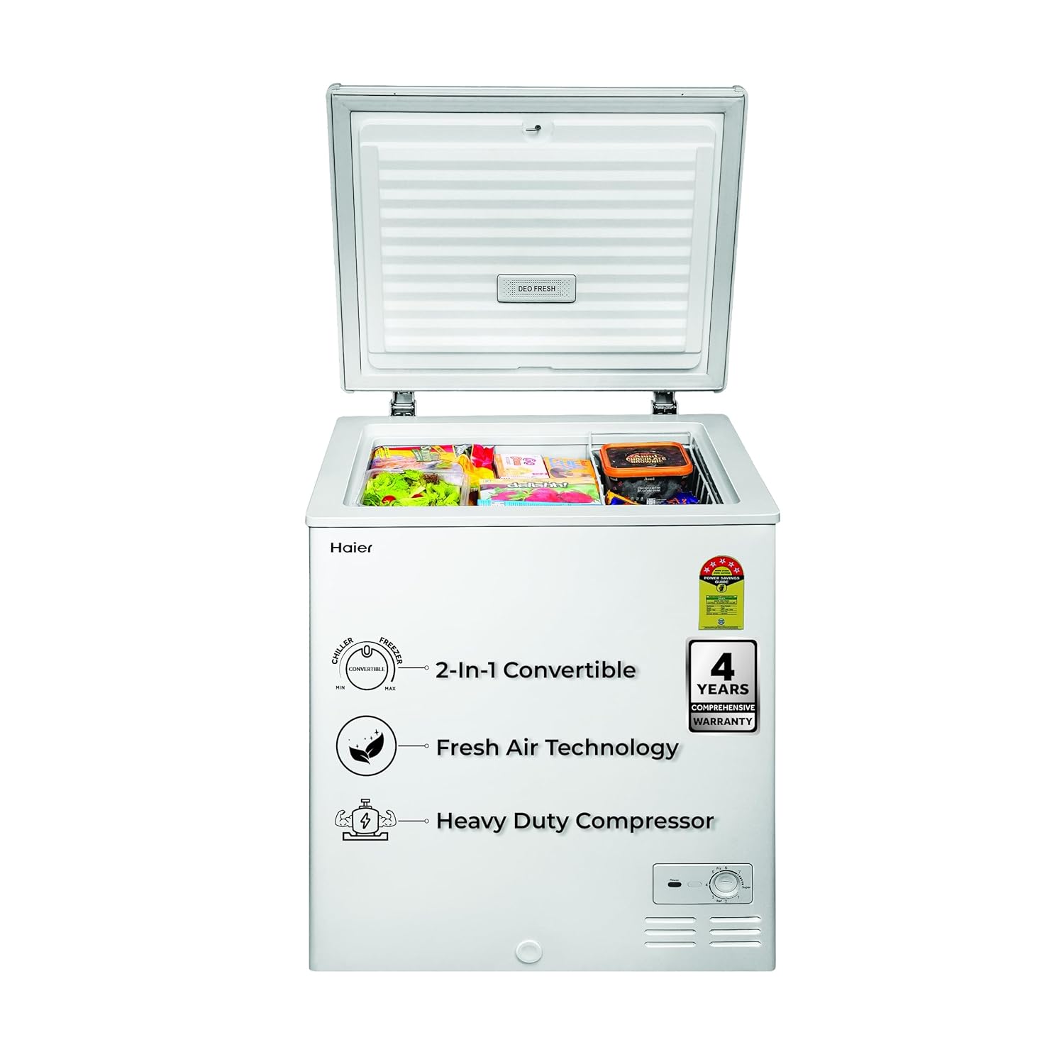 Haier HFC-145SM5, 5 Star Rating, Single Door Convertible Deep Freezer, Inside Metal Liner with Deo Fresh Technology, Compact Design & Removable Gasket (White)