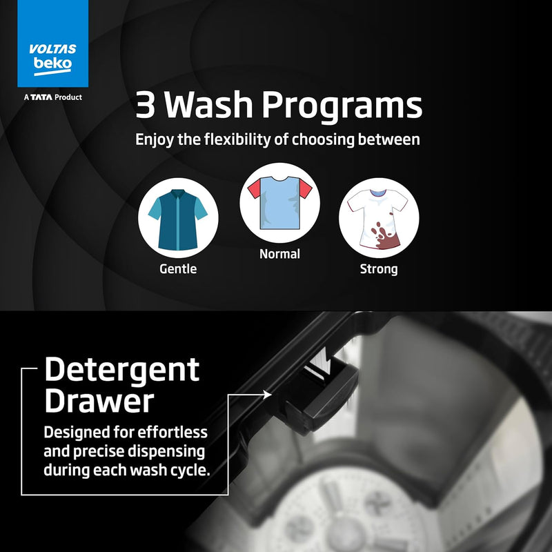 Voltas Beko, A Tata Product 9 Kg 5 Star Semi-Automatic Top Loading Washing Machine (2024 Model, WTT90UHA/OK5B1B1S23, Black, Pulsator Wash Method and Double waterfall technology)