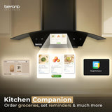 Beyond Appliances Asteria 90cm BLDC Auto Clean Kitchen Chimney | 1800 CMH Suction | Filterless | Curved Glass | Smart Screen & Speakers | Touch Control | Black(BA-CR-AS-AD-BL-90-CH)