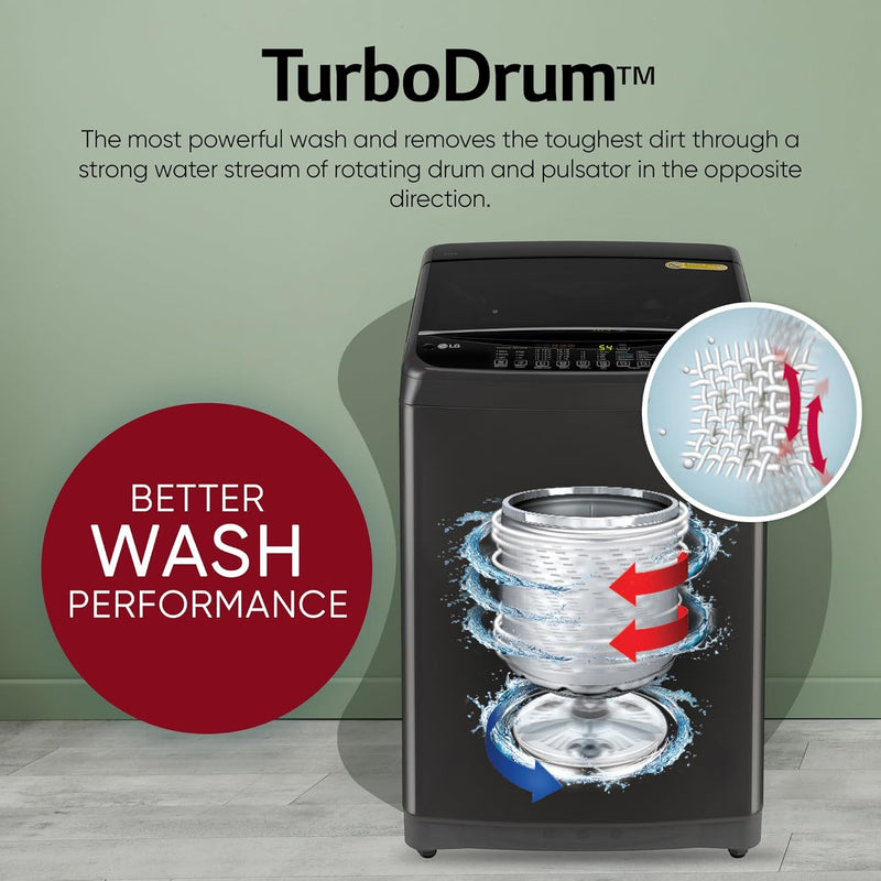 LG 9 kg 5 Star, Smart Inverter Technology, TurboDrum, Jetspray+, Turbowash, Smart Diagnosis, Soft Closing Door, tub cleaning after every wash cycle Fully Automatic Top Load Washing Machine Black, Grey (T90AJMB1Z)