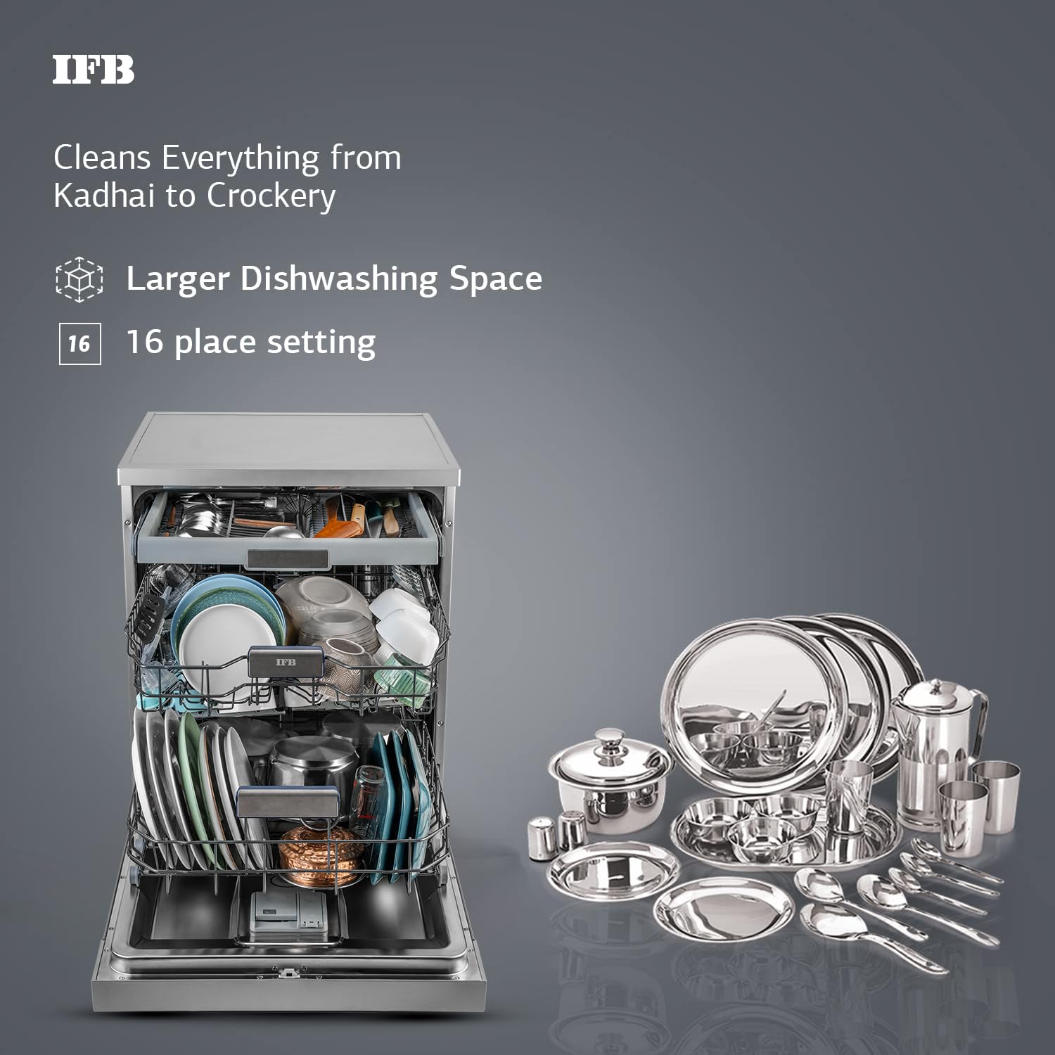 IFB 14 Place Settings with DeepClean Technology Freestanding Dishwasher (Neptune VX14, Inox Grey, 70° Hot Water Wash with Hygienic Steam Drying)