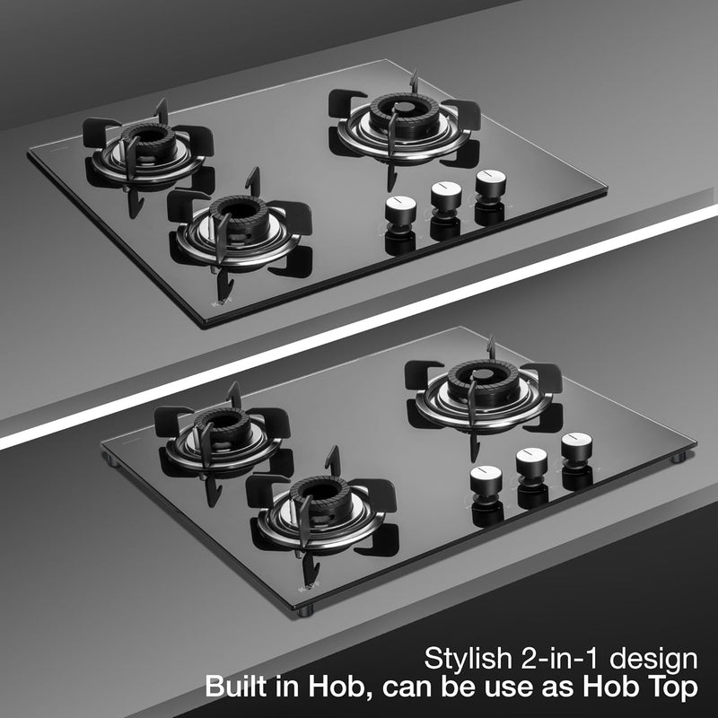 KAFF Built-in Hob/Hobtop 3 Burners, Auto Electric Ignition Glass Top, 60 CM, Black Coated Tornado Style Burners, SS Drip Tray, 8 MM Thick Toughened Glass (Black) | CRISTA CRH 603