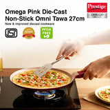 Prestige 27cm Omega Die-Cast Non-Stick Omni Tawa | 3-Layer Coating | Die-Cast Body | Metal Spoon Friendly | Heavy Base | Pink