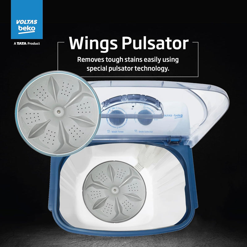 Voltas beko, A Tata Product 7.5 kg Semi-Automatic Top Load Single Tub Washing Machine (WST75UC/BLSSWH2PTD, Blue, Pulsator wash method)