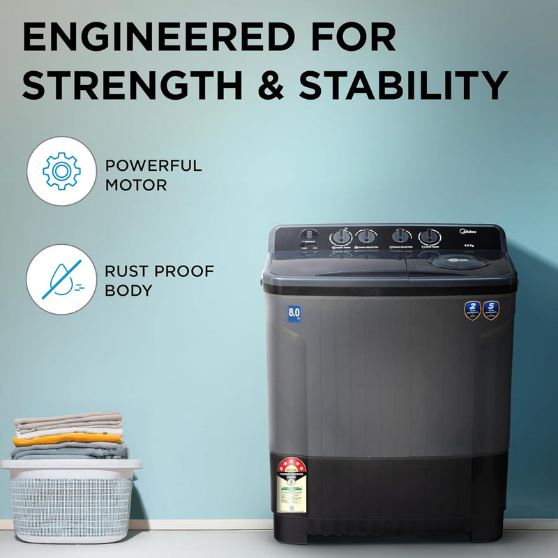 Midea 8 Kg 5 Star Air Jet Dry IPX4 Protection Semi Automatic Top-Load Washing Machine (MWMSA080SAPPG(KG)2024) Black Grey