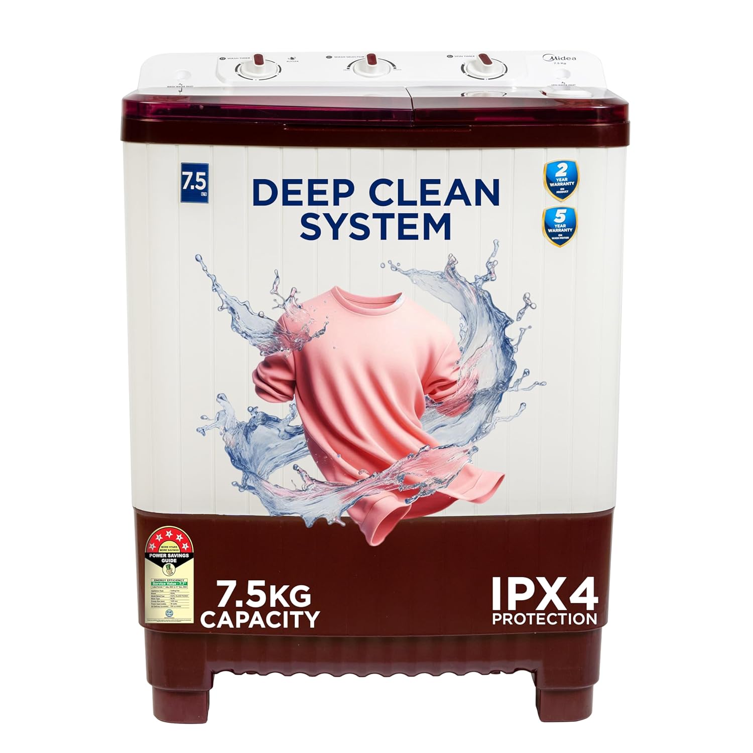 Midea 7.5 KG Semi Automatic Top Loading Washing Machine, Rust proof Body, Air Dry Function with 1300 RPM (MWMSA075PPG, Maroon White)