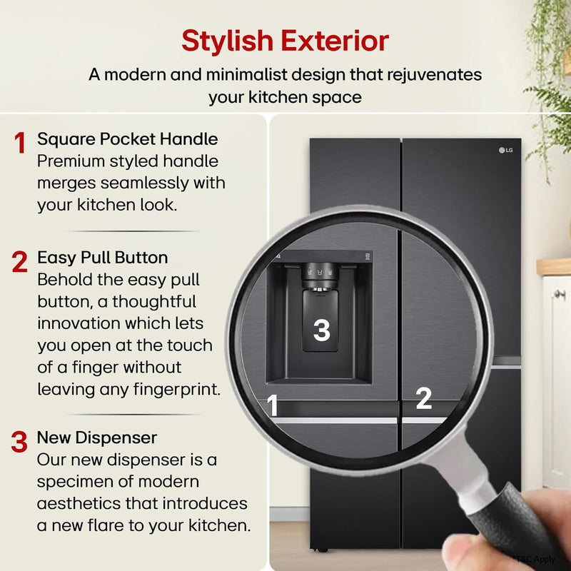 LG 630 L, 3 Star, Frost-Free, Double Door, Door Cooling+, Hygiene Fresh+, Smart Inverter, Wi-Fi Convertible Side By Side Refrigerator with AI ThinQ (GL-L257CMC3, Matt Black, Ice & Water Dispenser)