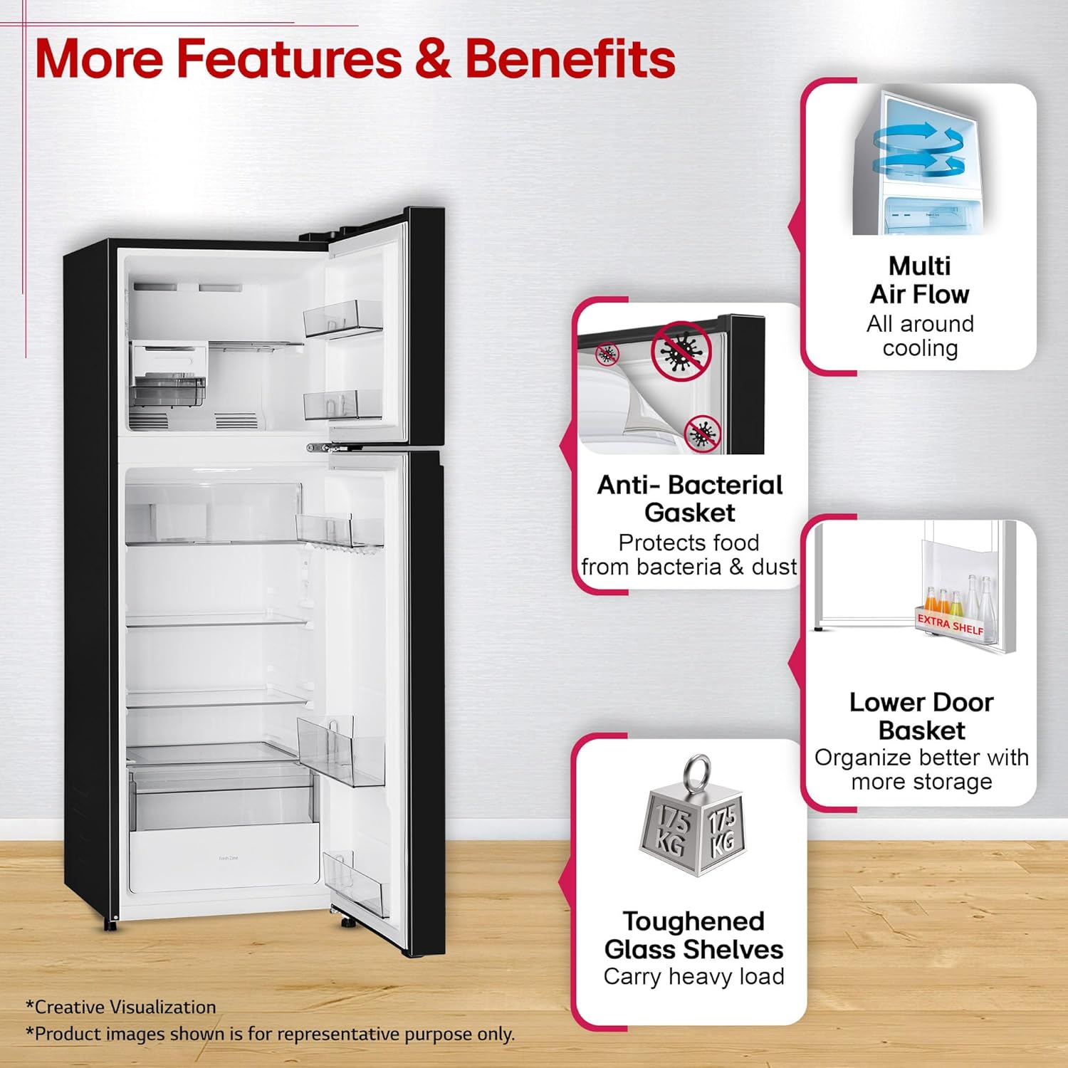 LG 251 L, 2 Star, Smart Inverter, Smart Mode, Frost-Free Double Door Refrigerator (GLT2526WWOB, Onyx Black, Multi Air Flow, Express Freeze, Deodorizer, Bigger Size & Better Cooling, 2026 Model)
