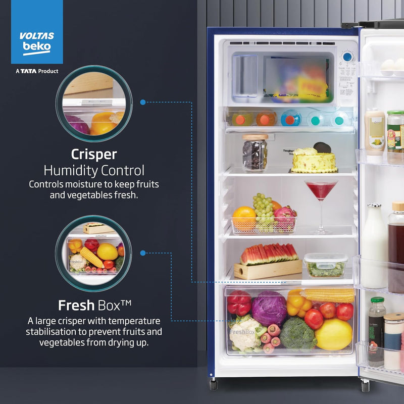 Voltas Beko, A Tata Product 183 L 2 Star Direct Cool Single Door Refrigerator (RDC215D/S0WBR0M0000GO, Hairline Blue, With Fresh Box Technology