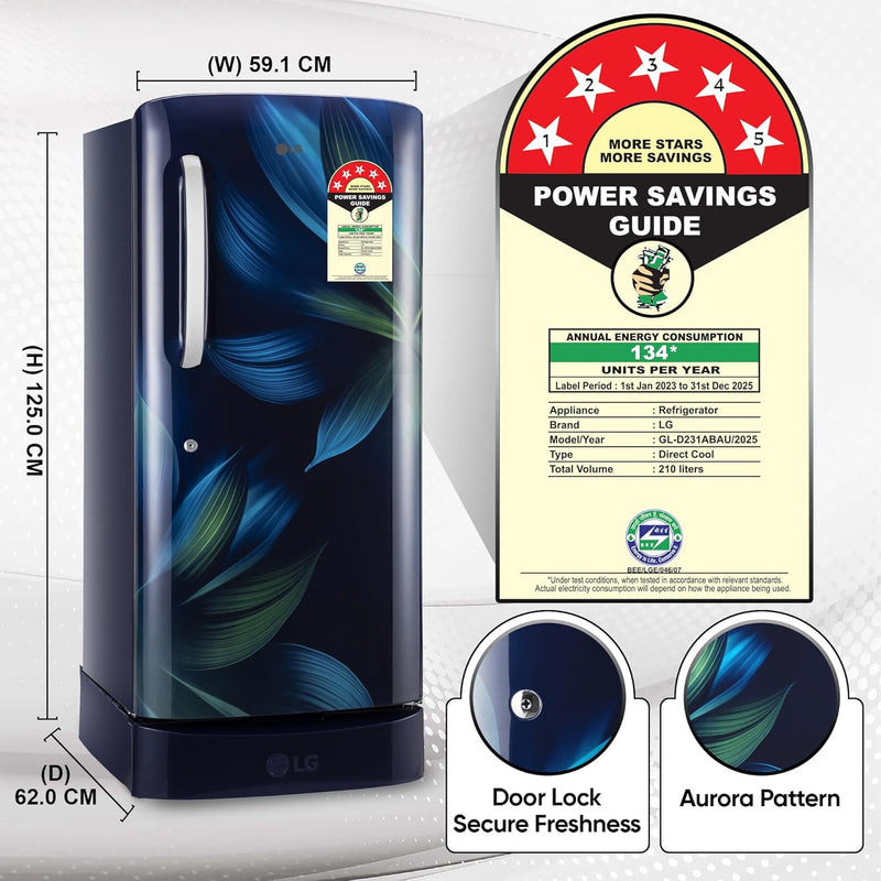 LG 210 L, 5 Star, Direct Cool, Smart Inverter Compressor, Single Door Refrigerator(GL-D231ABAU)