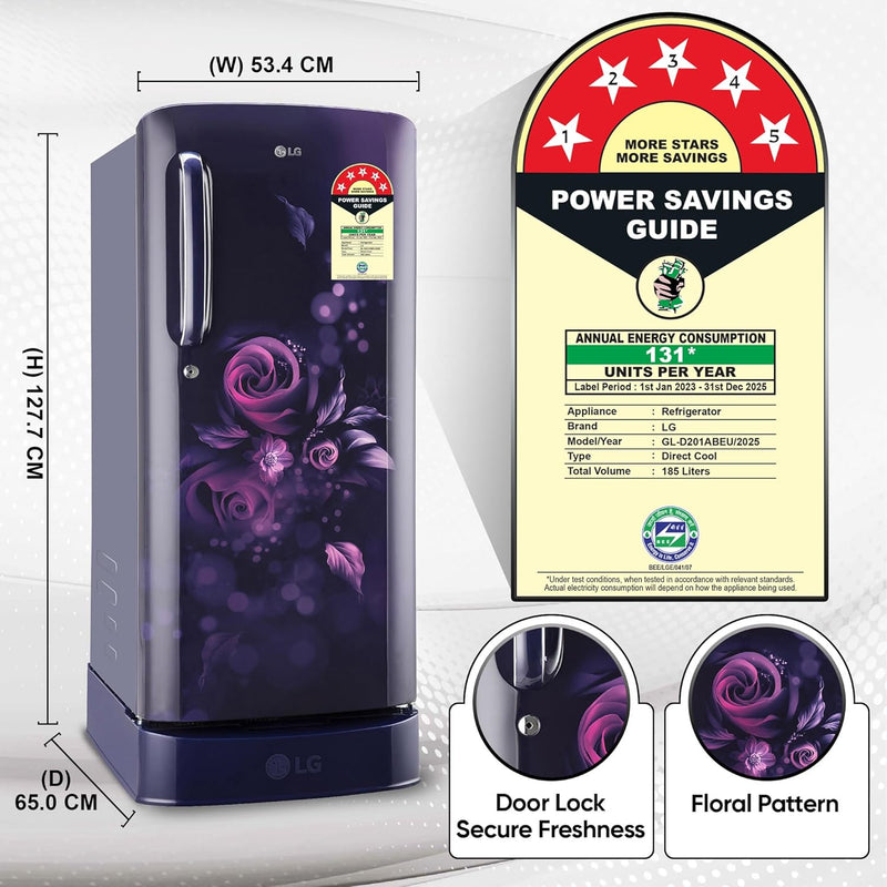 LG 185 L 5 Star Inverter Direct-Cool Single Door Refrigerator (GL-D201ASEU)