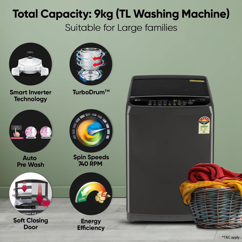 LG 9 kg 5 Star, Smart Inverter Technology, TurboDrum, Jetspray+, Turbowash, Smart Diagnosis, Soft Closing Door, tub cleaning after every wash cycle Fully Automatic Top Load Washing Machine Black, Grey (T90AJMB1Z)