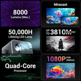 ZEBRONICS PIXAPLAY 67, Smart LED Projector, 9000 Lumens, 4K Support, 150 Inches Screen Size, Auto [ Focus | Keystone ], BT v5.2, HDMI, USB, RJ45, WiFi, 1080p Native, APP Support, BT Remote, Miracast