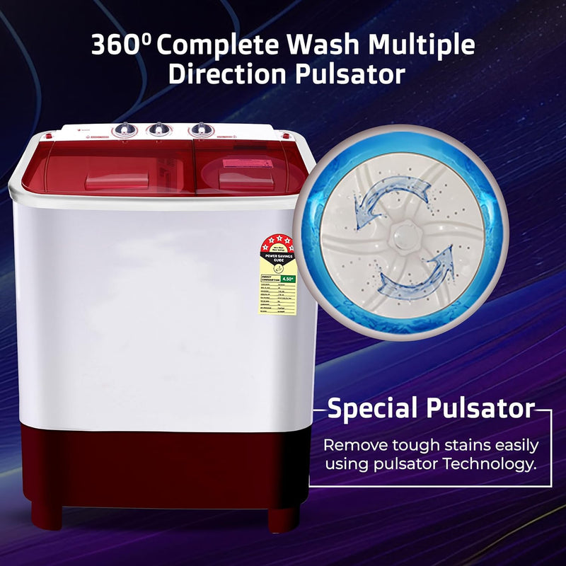 Power Guard 7 kg 5 Star Semi-Automatic Top Loading Washing Machine Appliance (2024 Model,PG70WM-BG-OP, Burgundy, Powerful Motor, Effective Wash Pulsator,Air Turbo Drying,1380 RPM & Castors)