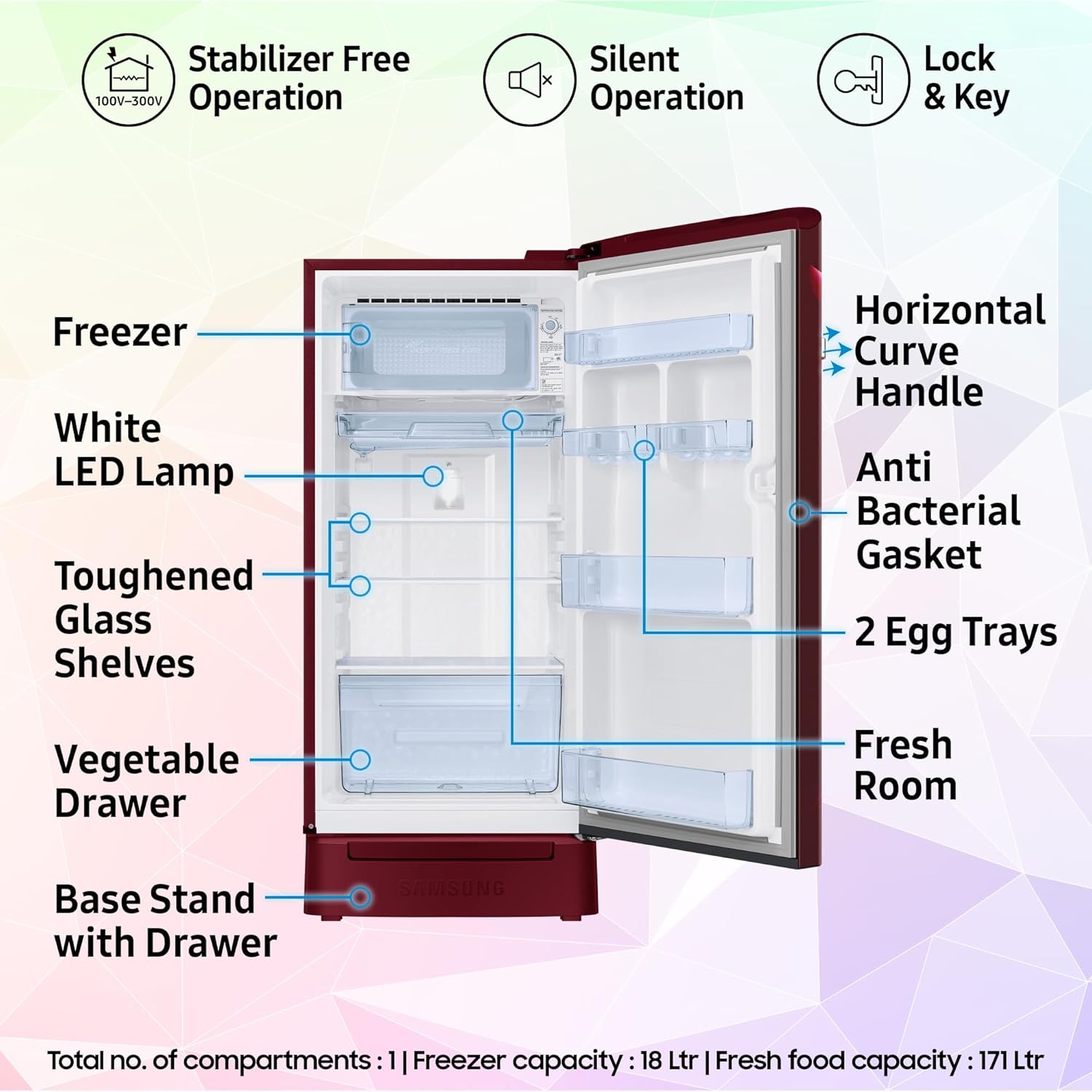 Samsung 189 L, 5 Star, Digital Inverter, Direct-Cool Single Door Refrigerator (RR21H2H25RZ/HL, Midnight Blossom Red, Base Stand Drawer, Single Touch Defrost, )