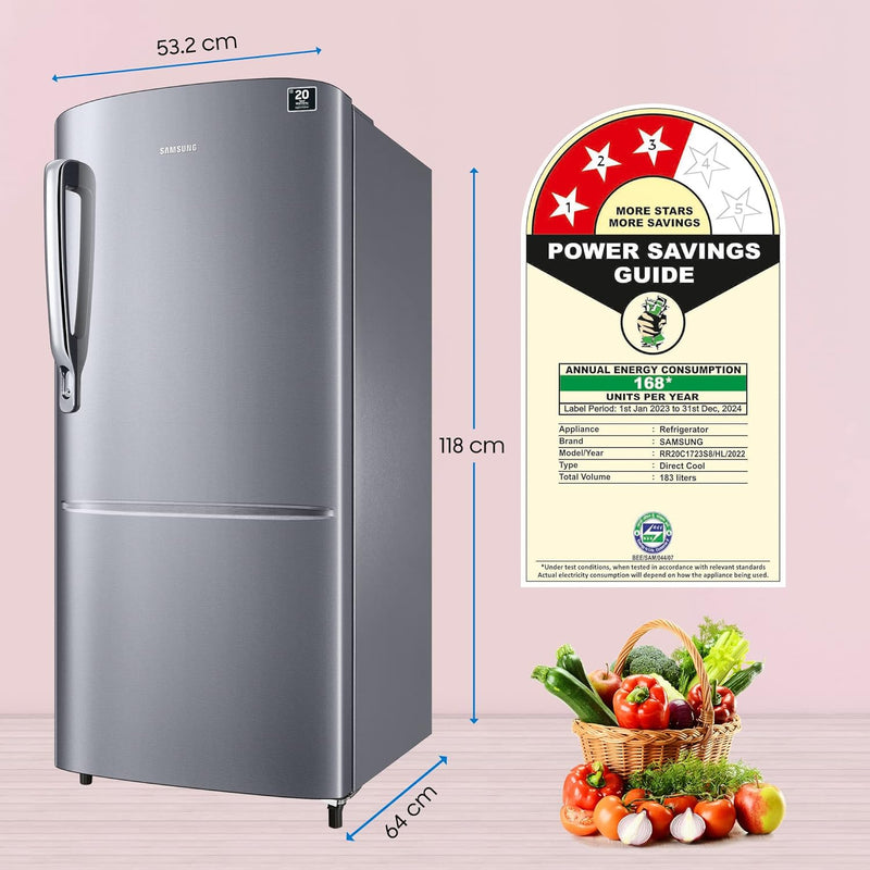 Samsung 183 L 3 Star Digital Inverter Direct-Cool Single Door Refrigerator RR20C1723S8HL Silver Elegant Inox 2024 Model