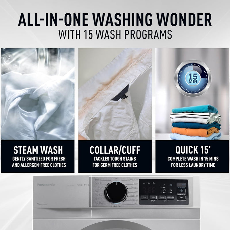 Panasonic 7 kg 5 Star Inverter Fully Automatic Front Loading Washing Machine with Built-In Heater (NA-147MH2L01, Dark Silver)