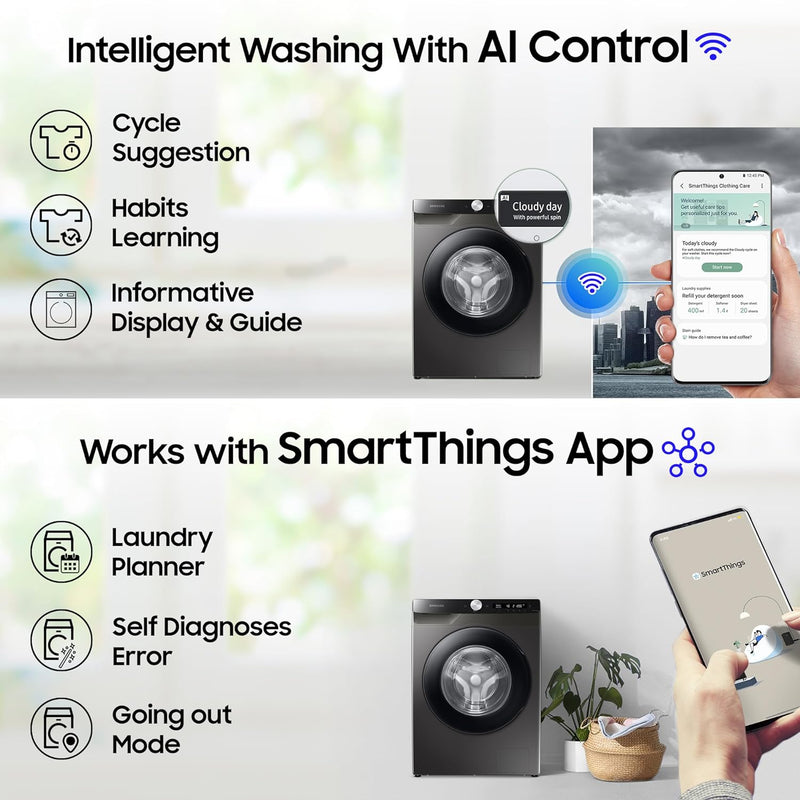 Samsung 7 kg, 5 Star, AI Control, Wi-Fi, Digital Inverter, Motor, Fully-Automatic Front Load Washing Machine (WW70T502NAN1TL, Hygiene Steam, Inox)