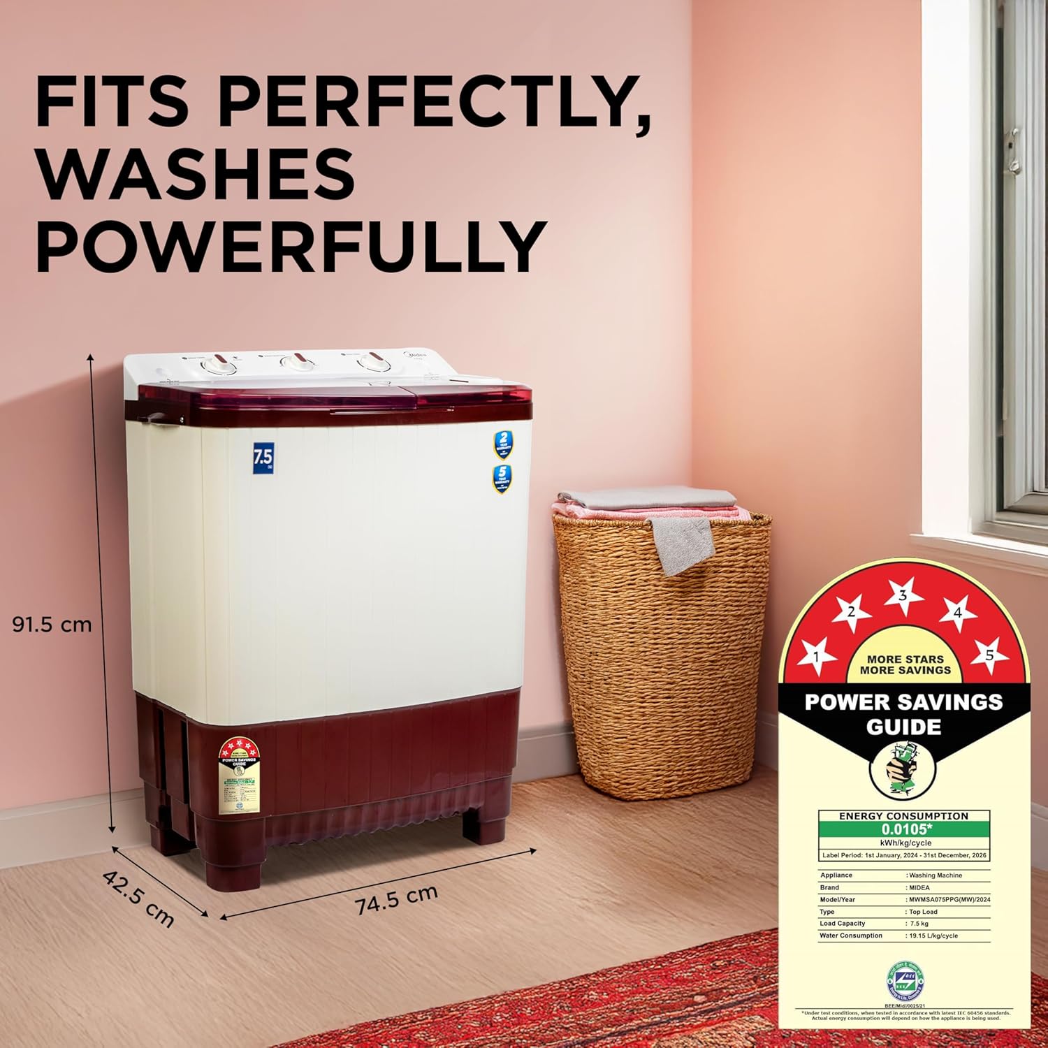 Midea 7.5 KG Semi Automatic Top Loading Washing Machine, Rust proof Body, Air Dry Function with 1300 RPM (MWMSA075PPG, Maroon White)