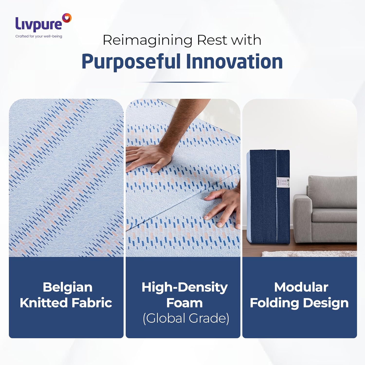 Livpure Smart Tri-Fold Mattress Compressed| Foldable Bed | Guest Bed | Travel | Camping | Portable | Single | 72X30X4 Inches, LSH-MAT-TRI4-100