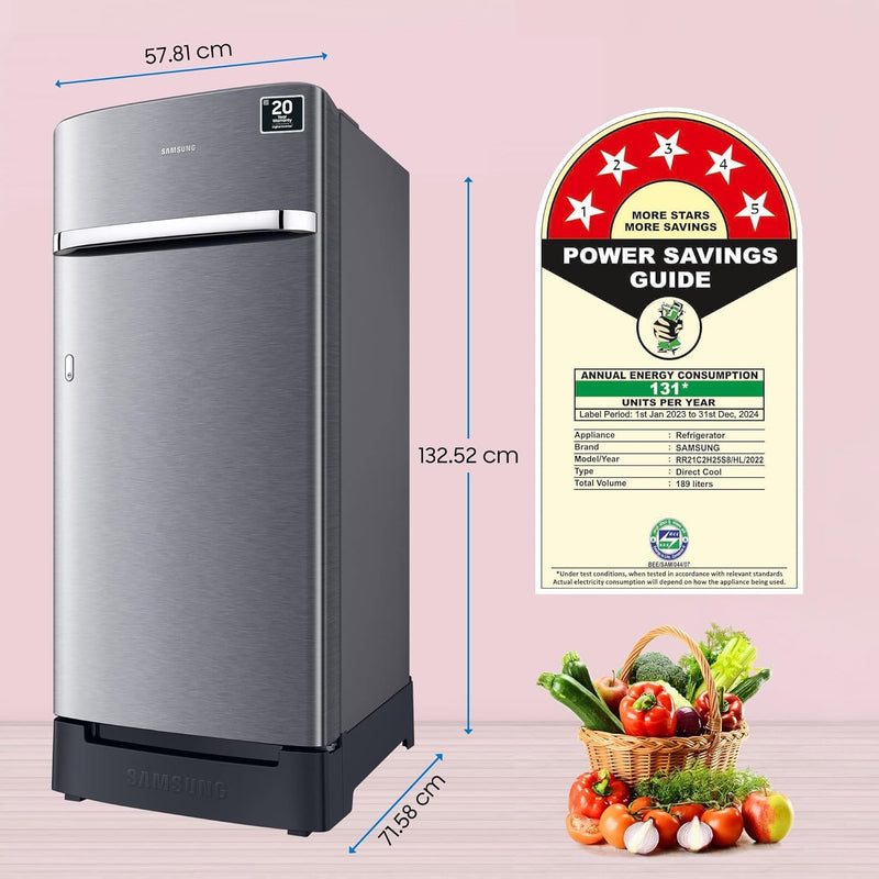 Samsung 189 L 5 Star Digital Inverter DirectCool Single Door Refrigerator RR21C2H25S8HL Silver Elegant Inox Base Stand Drawer 2023 Model