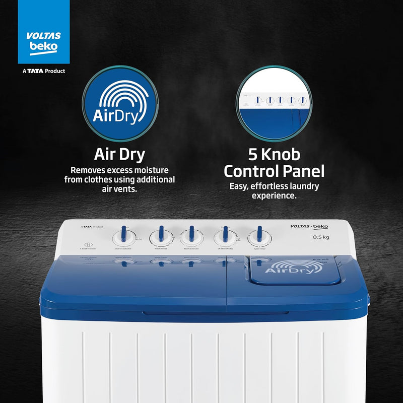 Voltas Beko, A Tata Product 8.5 Kg 5 Star Semi-Automatic Top Loading Washing Machine (2024 Model, WTT85UHA/OK5I0I0W01, Blue, Air Dry & Pulsator wash technology)
