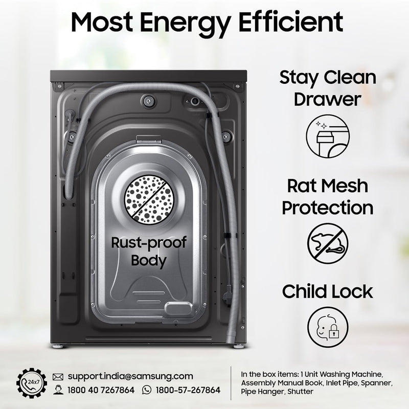 Samsung 9 kg, 5 star, AI EcoBubble, Super Speed, Wi-Fi, Hygiene Steam with Inbuilt Heater, Digital Inverter, Fully-Automatic Front Load Washing Machine (WW90DG5U24AXTL, Inox)