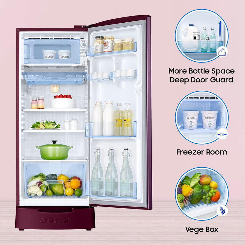 SAMSUNG 183 L Direct Cool Single Door 4 Star Refrigerator with Base Drawer with Digital Inverter (Camellia Purple, RR20C1824CR/HL)