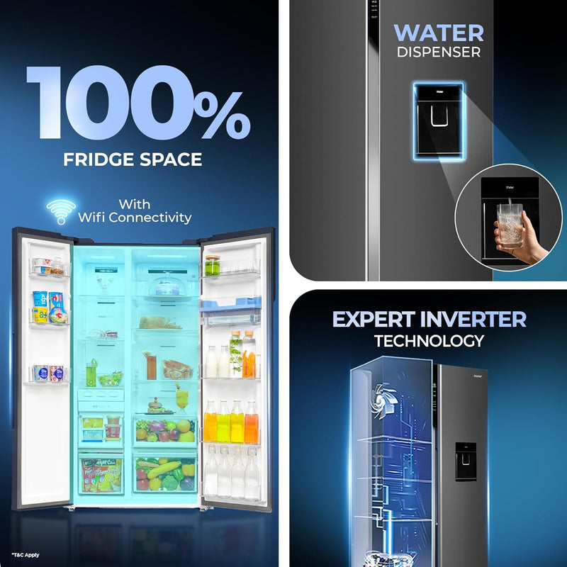 Haier 596L 3Star 2Door Water Dispenser Side by Side Frost Free Refrigerator (HRS-682WGKU1, Graphite Black)