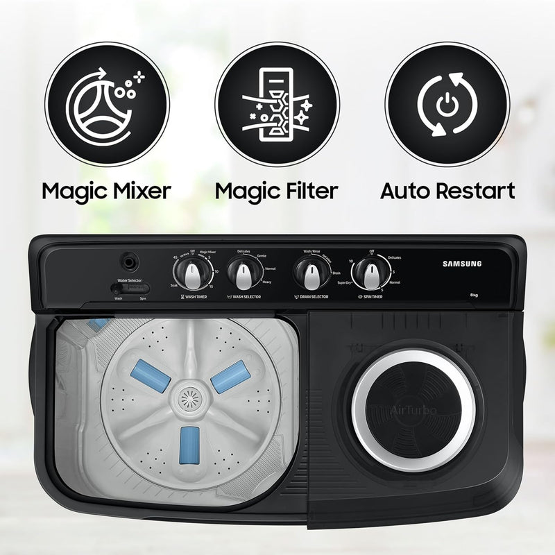 Samsung 8 kg, 5 star, Semi-Automatic Top Load Washing Machine (WT80C4200GG/TL, Air Turbo Drying, Light Gray)