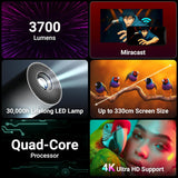 Zebronics PixaPlay® 73 Android Smart Projector, 720p Native, Support 4K, OTT Apps (Netflix, PrimeVideo, Hotstar), 200° Rotatable, 3700 Lumens, Auto Keystone, Miracast, 3W Speaker, 130" Screen, WiFi|BT