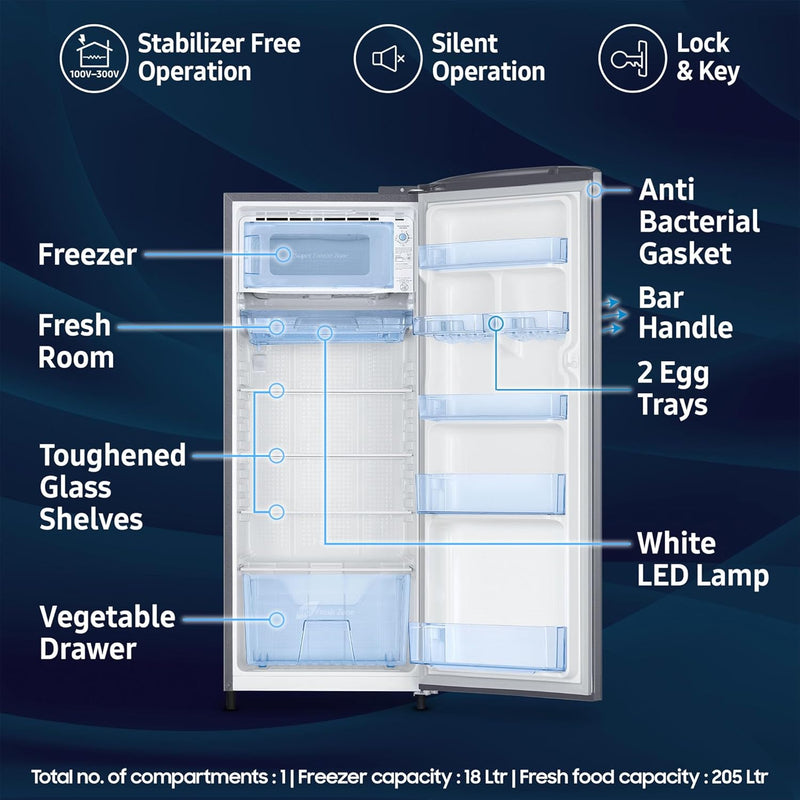 Samsung 223 L, 3 Star Inverter Direct-Cool Single Door Refrigerator (RR24C2723S8/NL, Silver, Elegant Inox)