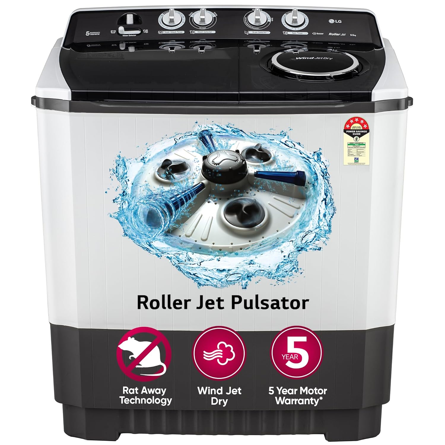 LG 9.5 kg 5 Star Wind jet dry Semi-Automatic Top Load Washing Machine (P955ASGAZ, Dark Gray, Roller Jet Pulsator)